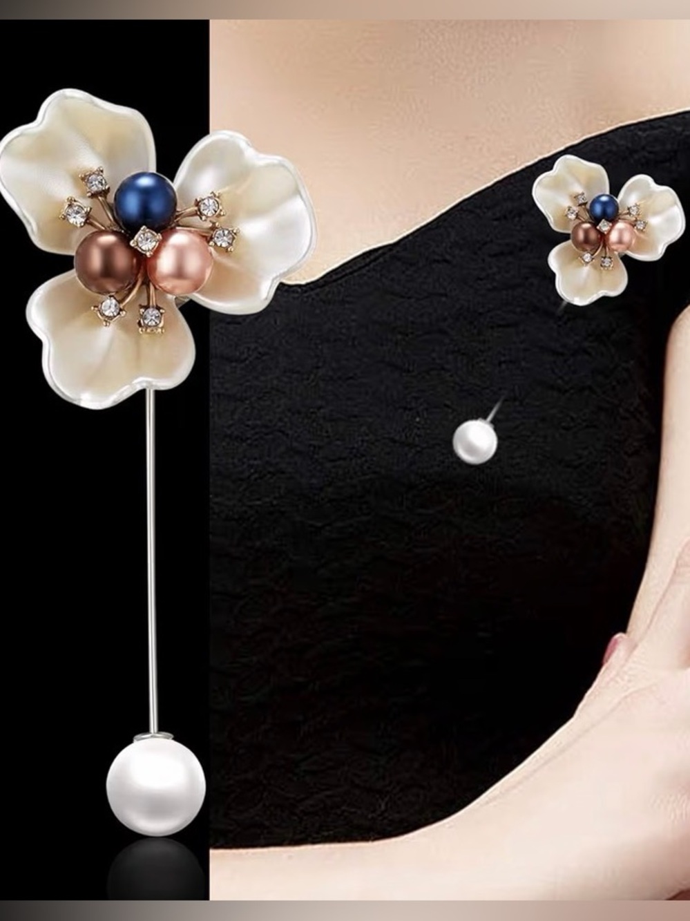 Pearl Floral Brooch Pin - Multicolor Pearls on White Flower NEW With Box